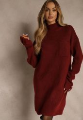 Bordowa Sukienka z Półgolfem z Dzianiny z Wiskozą i Dodatkiem Wełny Nessla. Czerwone sukienki damskie Renee, na co dzień, s, bez wzorów, z dzianiny, eleganckie, bez kołnierzyka, bez ramiączek, mini. Za 139.99 zł.