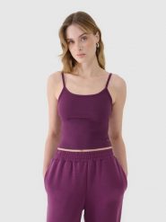 4F Crop-top slim damski - fioletowy M. Fioletowe koszulki sportowe damskie 4f, m, bez wzorów, z dzianiny, bez kołnierzyka, bez ramiączek. W wyprzedaży za 19.99 zł.
