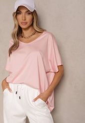 Jasnoróżowy T-shirt z Wiskozą w Stylu Nietoperza Liofala. Czerwone bluzki damskie Renee, bez wzorów, z jeansu, eleganckie, bez kołnierzyka. Za 49.99 zł.