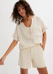 Bluzka muślinowa z krótki rękawem. Brązowe bluzki damskie bonprix, bez wzorów, eleganckie, bez kołnierzyka, bez ramiączek. Za 109.99 zł.