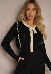 Czarny Sweter z Wiskozą z Ozdobnymi Guzikami i Kokardą w Stylu Retro Miaraine. Czarne swetry damskie Renee, bez wzorów, z jeansu, biznesowe, bez kołnierzyka, bez ramiączek, bez kaptura. Za 109.99 zł.