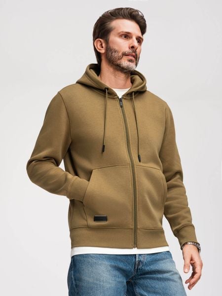 Rozpinana bluza męska dresowa BASIC – oliwkowa V2 - Rozmiar: M. Zielone bluzy męskie Ombre Clothing, m, z aplikacjami, z bawełny, z kapturem. Za 255.99 zł.