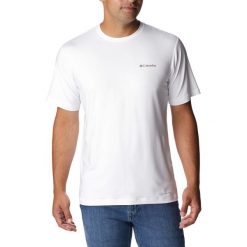 Koszulka trekkingowa męska Columbia Tech Trail Graphic. Białe koszulki sportowe męskie Columbia, m, bez wzorów, bez kołnierzyka, bez ramiączek, trekkingowe. Za 76.99 zł.