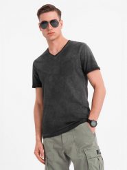 Męski bawełniany t-shirt V-neck z dzianiny z efektem sprania - czarny V6 OM-TSWT-0242 S. Czarne t-shirty męskie Ombre, m, bez wzorów, z bawełny, bez kołnierzyka. Za 166.41 zł.