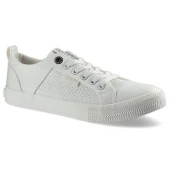 Trampki damskie Big Star, z materiałową cholewką perforowanym panelem bocznym wiązaniem na oczka i gumowanym noskiem, białe, HH274017. Białe półbuty damskie Big Star, na lato, bez wzorów, z gumy, eleganckie, bez obcasa, bez zapięcia. Za 99.99 zł.