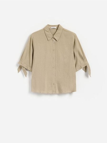 Koszula z dodatkiem lnu - khaki. Brązowe koszule damskie Reserved, l, bez wzorów, z wiskozy, bez kołnierzyka, bez ramiączek. W wyprzedaży za 45.99 zł.