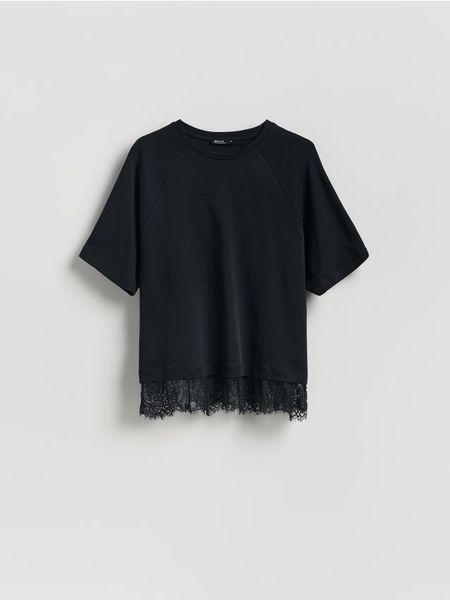 T-shirt z bawełny merceryzowanej - czarny. Czarne t-shirty damskie Reserved, l, bez wzorów, z bawełny, bez kołnierzyka. W wyprzedaży za 55.99 zł.