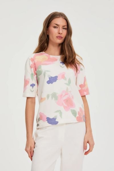 Sweter w kwiaty biały. Białe swetry damskie MOODO, l, bez wzorów, z poliamidu, bez kołnierzyka, bez ramiączek, bez kaptura. Za 139.99 zł.