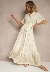 Beżowa Rozkloszowana Sukienka Boho z Wiskozy Zdobiona Haftem i Wiązaniem Falvania. Brązowe sukienki damskie Renee, na randkę, l, z aplikacjami, z jeansu, boho, bez kołnierzyka, bez ramiączek, maxi, rozkloszowane. Za 169.99 zł.