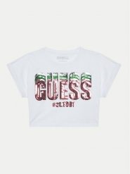 Guess T-Shirt J5RI10 K8HM4 Biały Regular Fit. Białe t-shirty i topy dla dziewczynek Guess, z aplikacjami, z bawełny, bez ramiączek. Za 59.99 zł.