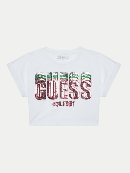 Guess T-Shirt J5RI10 K8HM4 Biały Regular Fit. Białe t-shirty i topy dla dziewczynek Guess, z aplikacjami, z bawełny, bez ramiączek. Za 59.99 zł.