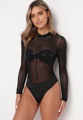 Czarne Prześwitujące Body w Kryształki Sualia. Czarne bluzki damskie Born2be, m, z aplikacjami, eleganckie, bez kołnierzyka, bez ramiączek. Za 109.99 zł.