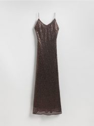 Cekinowa sukienka maxi - ciemnobrązowy. Brązowe sukienki damskie Reserved, l, bez wzorów, z dzianiny, bez kołnierzyka, bez ramiączek, maxi, dopasowane. W wyprzedaży za 99.99 zł.