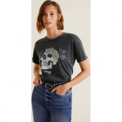 Mango - Top Rocker. Szare topy damskie Mango, z nadrukiem, z bawełny, z okrągłym kołnierzem, z krótkim rękawem. Za 69.90 zł.