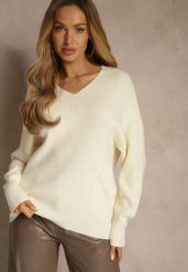 Jasnobeżowy Sweter z Dodatkiem Kaszmiru i Trójkątnym Dekoltem Silefera. Brązowe swetry damskie Renee, bez wzorów, z jeansu, casualowe, bez kołnierzyka, bez ramiączek, bez kaptura. Za 99.99 zł.