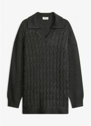 Sweter oversize z warkoczowym splotem. Brązowe swetry damskie bonprix, bez wzorów, prążkowane, bez kołnierzyka, bez ramiączek, bez kaptura. Za 134.99 zł.