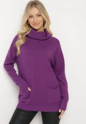 Fioletowy Golf z Wiskozą Zdobiony Wsuwanymi Kieszonkami Viaela. Fioletowe swetry damskie Born2be, l, z aplikacjami, z jeansu, eleganckie, bez kołnierzyka, plus size, bez ramiączek, długie, bez kaptura. Za 84.99 zł.