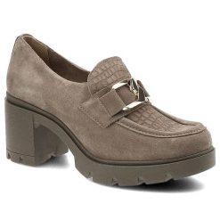 Półbuty damskie Lemar, naturalna skóra zamszowa masywna podeszwa na stabilnym obcasie dekoracyjny pasek, taupe-złote, 20097-W. Szare paski damskie Lemar, bez wzorów, ze skóry. Za 249.00 zł.