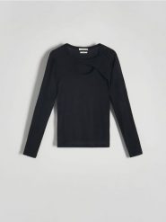 Bluzka z ozdobnym wycięciem - czarny. Czarne bluzki damskie Reserved, l, bez wzorów, z lyocellu, bez kołnierzyka, bez ramiączek. W wyprzedaży za 29.99 zł.