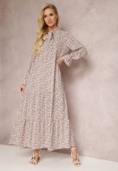Brązowo-Biała Sukienka Pherone. Białe sukienki damskie Renee, l, z aplikacjami, z zamszu, eleganckie, bez kołnierzyka, bez ramiączek, maxi, rozkloszowane. Za 79.99 zł.