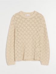 Ażurowy sweter z wiskozą - beżowy. Brązowe swetry damskie Sinsay, l, w ażurowe wzory, z wiskozy, bez kołnierzyka, bez ramiączek, bez kaptura. Za 49.99 zł.