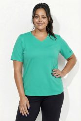 Damskie Koszulka funkcyjna dekolt w serek krótki rękaw materiał z recyklingu. Czarne t-shirty damskie Ulla Popken, plus size, bez wzorów, z elastanu, bez kołnierzyka. Za 139.99 zł.