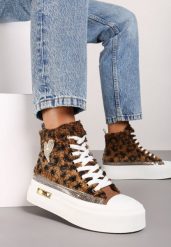 Brązowe Trampki za Kostkę na Grubej Podeszwie Ozdobione Brokatem Neviliane. Brązowe trampki i tenisówki damskie Born2be, z aplikacjami, z jeansu, za kostkę, bez zapięcia. Za 54.99 zł.