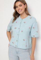 Niebieski Sweter Kardigan z Krótkim Rękawem z Wełną w Ozdobny Print Korinelia. Niebieskie kardigany damskie Born2be, s, bez wzorów, z jeansu, eleganckie, krótkie. Za 159.99 zł.