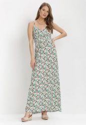 Miętowa Sukienka Idaphishae. Zielone sukienki damskie Born2be, na lato, l, bez wzorów, z bawełny, bez kołnierzyka, bez ramiączek, maxi, kopertowe. Za 79.99 zł.