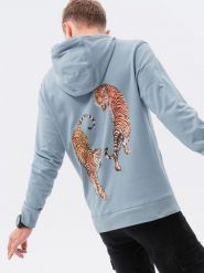 Bluza męska hoodie z nadrukiem na plecach - niebieska V1. Niebieskie bluzy męskie Ombre Clothing, m, bez wzorów, bez kaptura. W wyprzedaży za 29.99 zł.