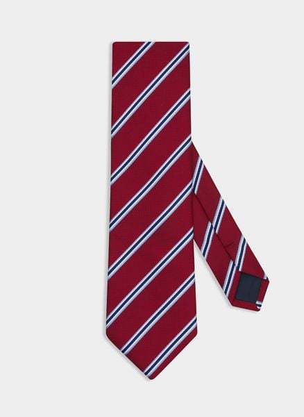 Bordowy krawat męski w pasy P22SF-KX-022-D-0. Czerwone krawaty i muchy Pako Lorente, bez wzorów, z poliesteru. Za 39.99 zł.