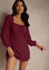 Fioletowa Sukienka Ozdobione Bufiastymi Rękawami Sopivara. Fioletowe sukienki damskie Renee, na co dzień, m, bez wzorów, eleganckie, bez kołnierzyka, bez ramiączek, mini. Za 99.99 zł.