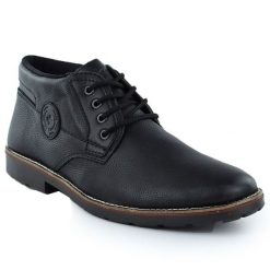 Skórzane botki trzewiki męskie czarne Rieker 15339-00. Czarne botki męskie Rieker, bez wzorów, ze skóry, bez zapięcia. Za 419.00 zł.