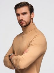 Męski longsleeve gładki z golfem - jasnobrązowy V5 OM-LSCL-0130 XXL. Brązowe bluzki z długim rękawem męskie Ombre, m, bez wzorów, bez kołnierzyka. Za 149.99 zł.