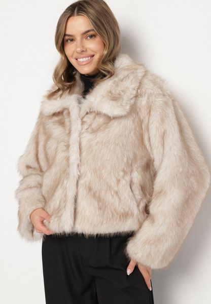 Beżowa Krótka Kurtka Futerko z Kołnierzem Anantia. Brązowe kurtki damskie Born2be, m, bez wzorów, z dzianiny, bez kaptura. Za 209.99 zł.