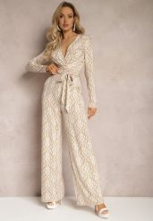Beżowy Kopertowy Kombinezon z Paskiem w Talii i Ozdobnym Wzorem Mirannda. Brązowe sukienki damskie Renee, l, bez wzorów, z materiału, eleganckie, bez kołnierzyka, bez ramiączek, kopertowe. Za 119.99 zł.