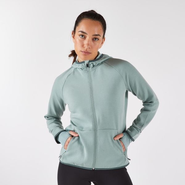 Bluza do biegania damska Kiprun Run 500 Warm ocieplana. Zielone bluzy sportowe damskie KIPRUN, l, bez wzorów, z elastanu, bez kaptura, do biegania. Za 159.99 zł.