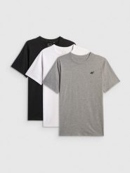 4F T-shirt regular gładki męski (3-pack) - biały+szary+czarny S. Białe t-shirty męskie 4f, m, bez wzorów, z bawełny, biznesowe, bez kołnierzyka. Za 129.99 zł.