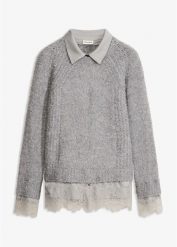 Sweter z koszulową wstawką. Fioletowe swetry damskie bonprix, bez wzorów, z koronki, eleganckie, bez kołnierzyka, bez ramiączek, bez kaptura. Za 129.99 zł.