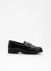 Wsuwane loafersy w stylu biker. Czarne baleriny damskie bonprix, bez wzorów, bez obcasa. Za 99.99 zł.