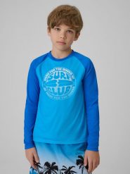 4F Longsleeve do pływania z nadrukiem chłopięcy - niebieski 146/152 (10-12 lat). Niebieskie kąpielówki dla chłopców 4f, bez wzorów, z materiału. Za 89.99 zł.