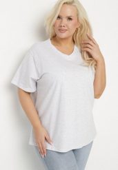 Jasnoszary T-shirt z Bawełny z Dekoltem w Serek Aveltebia. Szare bluzki damskie Born2be, uniwersalny, bez wzorów, z bawełny, klasyczne, bez kołnierzyka. Za 34.99 zł.