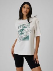 4F T-shirt loose z nadrukiem damski - biały M. Białe t-shirty damskie 4f, m, bez wzorów, z dzianiny, klasyczne, bez kołnierzyka. Za 79.99 zł.