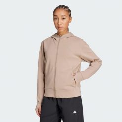 Bluza z kapturem Designed 4 Training Full-Zip. Brązowe bluzy damskie Adidas, bez wzorów, z materiału, na fitness i siłownię. Za 299.00 zł.