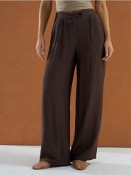 Spodnie wide leg z zakładkami - brązowy. Brązowe spodnie materiałowe damskie Sinsay, l, bez wzorów, z materiału. W wyprzedaży za 33.99 zł.