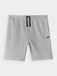 4F Spodenki dresowe chłopięce - chłodny jasny szary 146 (10-11 lat). Szare szorty dla chłopców 4f, bez wzorów, z bawełny, sportowe. W wyprzedaży za 19.99 zł.