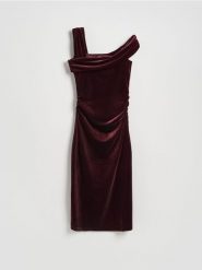 Welurowa sukienka midi - bordowy. Czerwone sukienki damskie Reserved, l, bez wzorów, z tkaniny, bez kołnierzyka, bez ramiączek, midi, dopasowane. Za 159.99 zł.