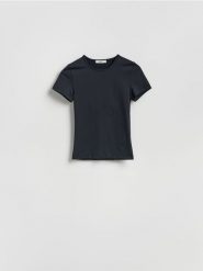Gładki t-shirt - czarny. Czarne t-shirty damskie Reserved, l, bez wzorów, z dzianiny, bez kołnierzyka. Za 45.99 zł.