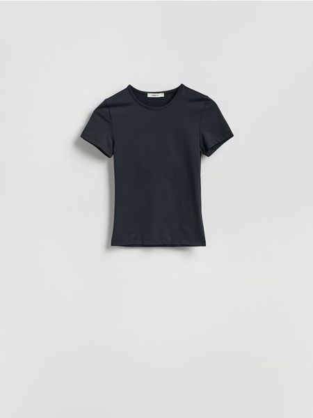 Gładki t-shirt - czarny. Czarne t-shirty damskie Reserved, l, bez wzorów, z dzianiny, bez kołnierzyka. W wyprzedaży za 29.99 zł.