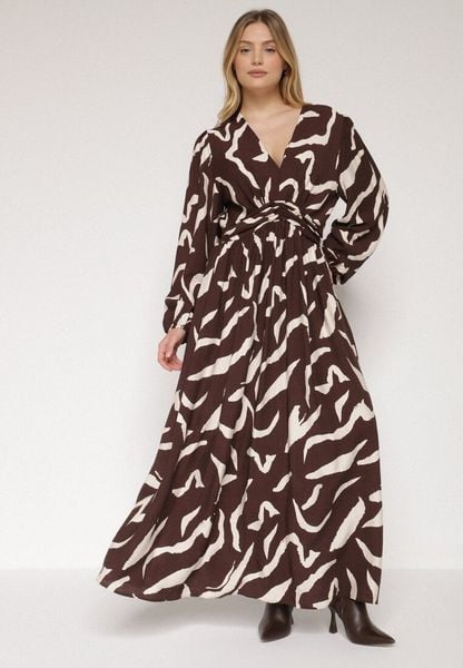 Brązowa Rozkloszowana Sukienka z Wiskozą Netania. Brązowe sukienki damskie Born2be, na co dzień, plus size, bez wzorów, z materiału, wizytowe, bez kołnierzyka, plus size, bez ramiączek, proste. Za 169.99 zł.